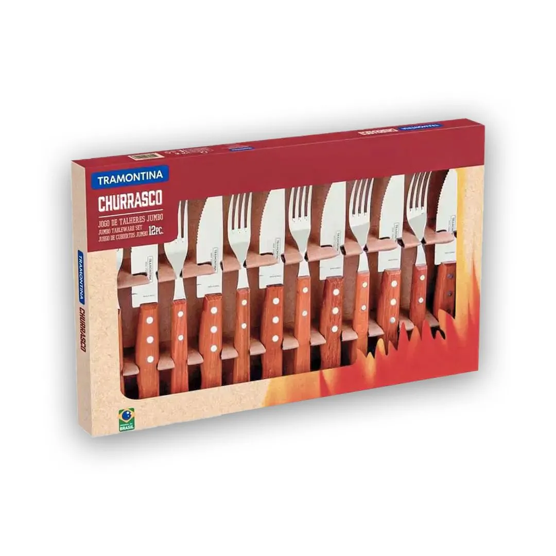 JOGO PARA CHURRASCO 12 PEÇAS TRADICIONAL - SORTIDOS COM LÂMINAS DE AÇO INOX E CABO