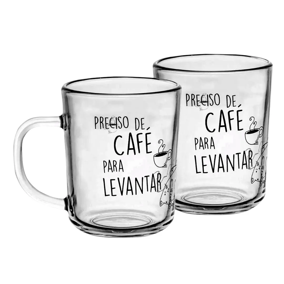 CJ 2 CANECAS DE VIDRO CAFÉ PARA LEVANTAR 220ML 