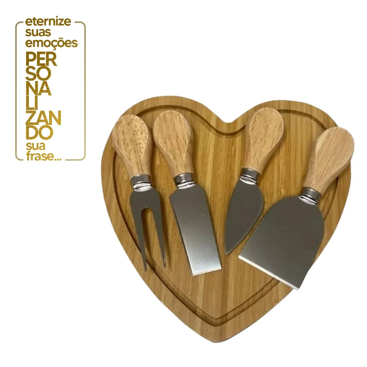 CONJUNTO  PARA QUEIJO EM BAMBU EM FORMATO DE CORAÇÃO - 5 PEÇAS