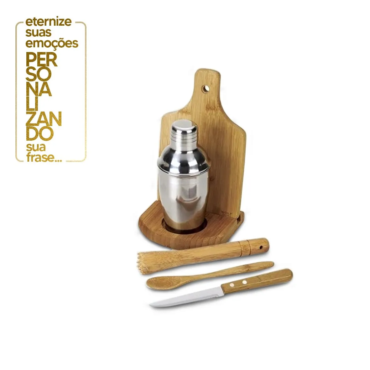 KIT PARA CAIPIRINHA EM BAMBU COM AVENTAL E BANDANA - 0,35 L - 8 PEÇAS