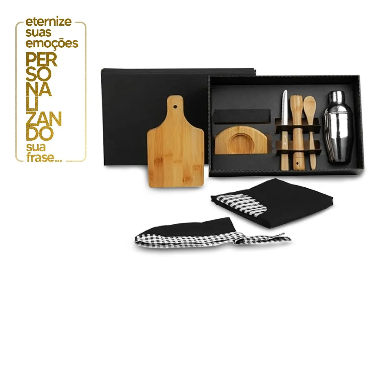 KIT PARA CAIPIRINHA EM BAMBU COM AVENTAL E BANDANA - 0,35 L - 8 PEÇAS