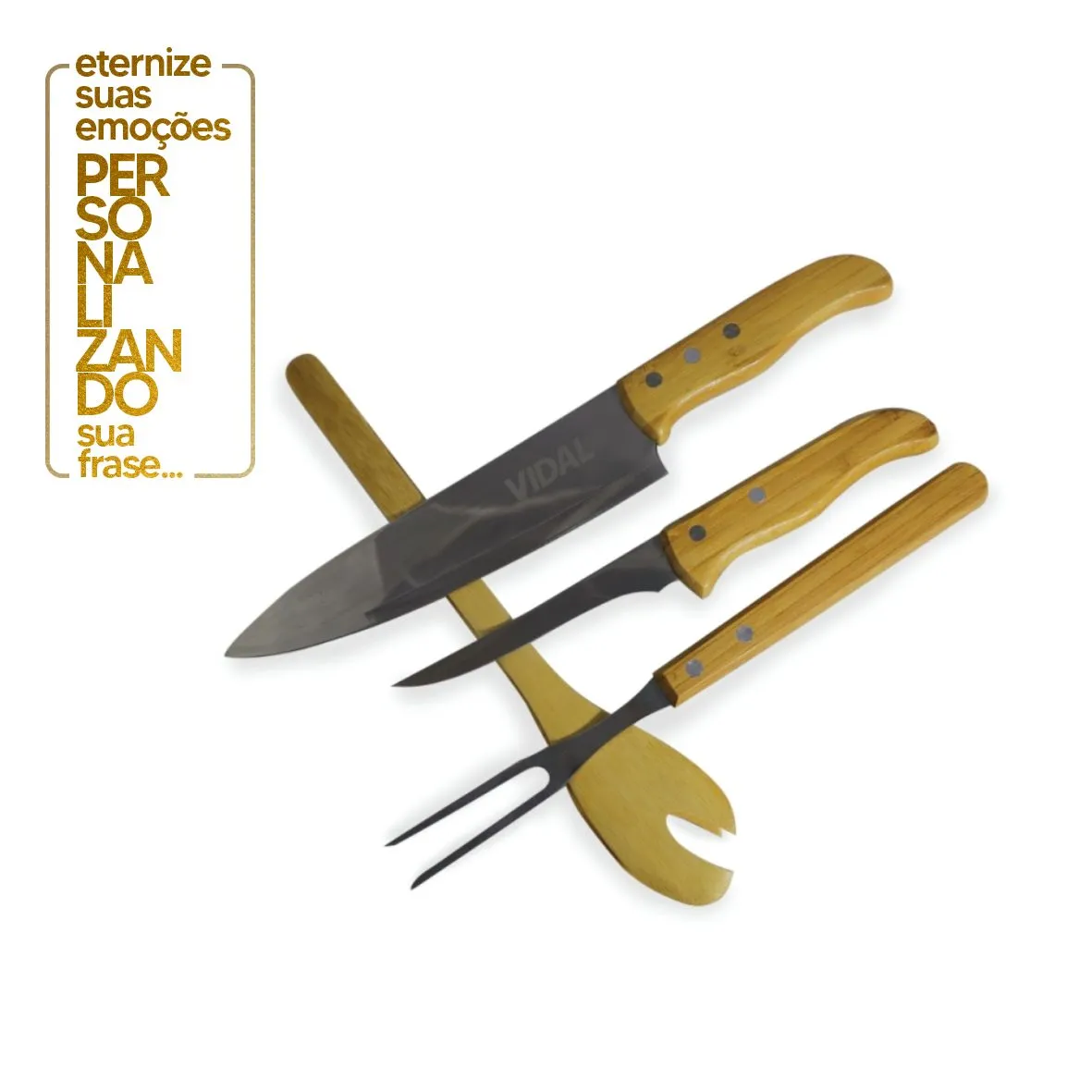 KIT PARA CHURRASCO EM BAMBU / INOX COM AVENTAL - 6 PEÇAS