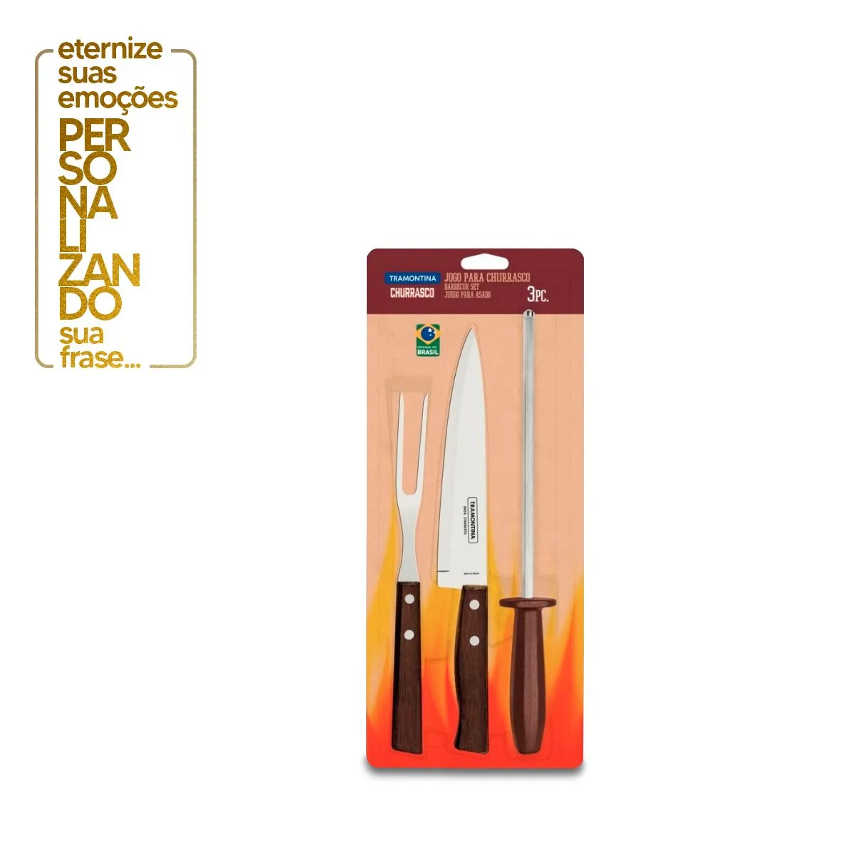 JOGO PARA CHURRASCO 3 PEÇAS TRADICIONAL - SORTIDOS COM LÂMINAS AÇO E CABO DE MADEIRA