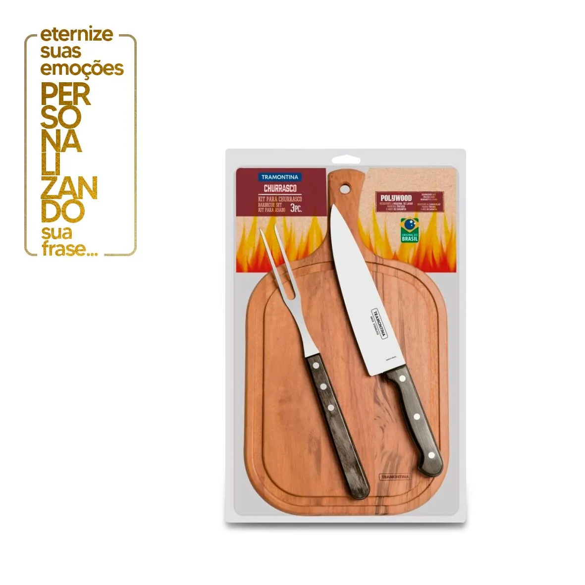 KIT PARA CHURRASCO 3 PEÇAS POLYWOOD CASTANHO SORTIDO COM LÂMINAS DE AÇO INOX E MADEIRA