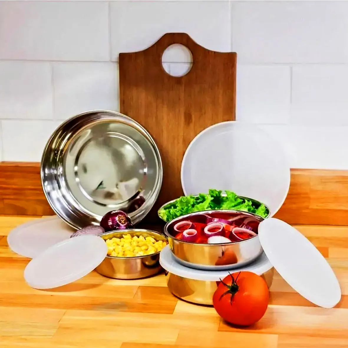 CONJUNTO DE POTES INOX C/ TAMPA 5 PEÇAS
