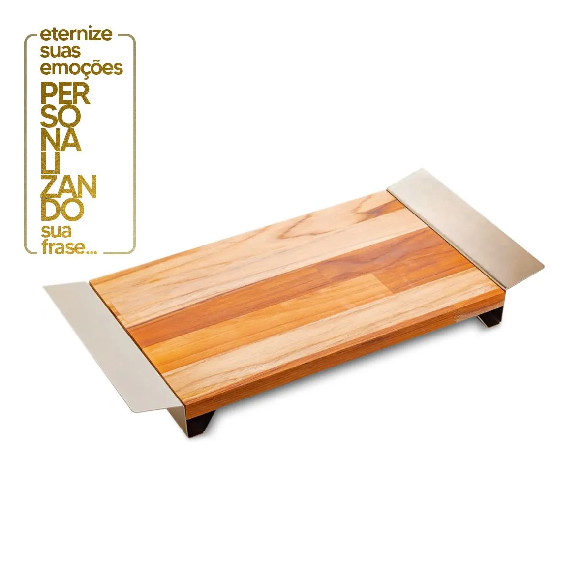 BANDEJA DE MADEIRA COM ALÇA DE AÇO INOX TECA CHAMPANHE 