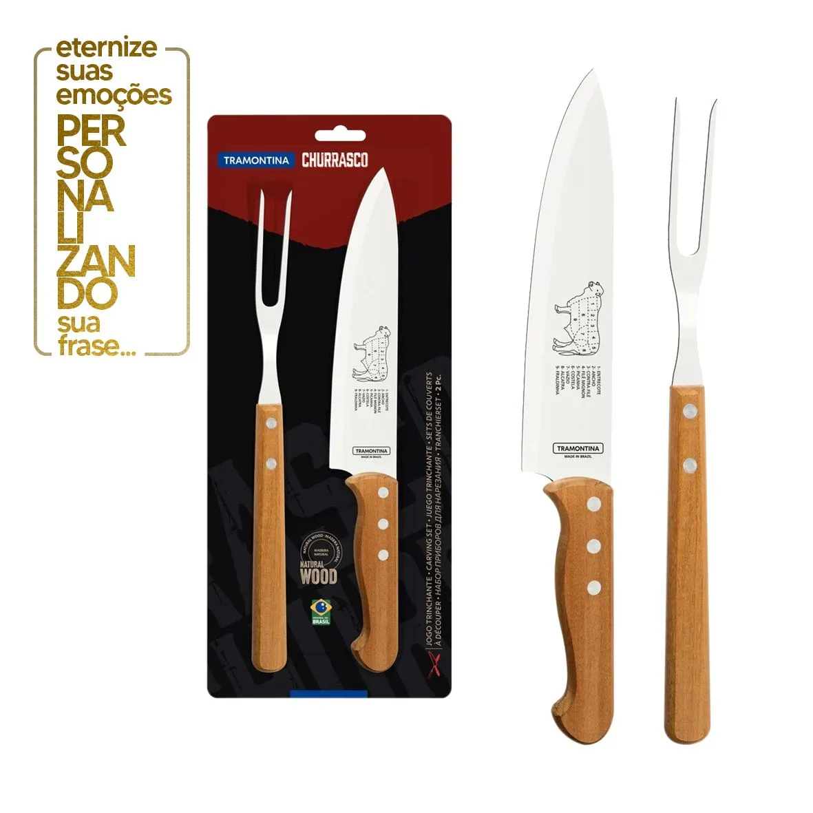 JOGO DE TRINCHANTE 2 PEÇAS TRADICIONAL - COM LÂMINAS DE AÇO E CABO DE MADEIRA