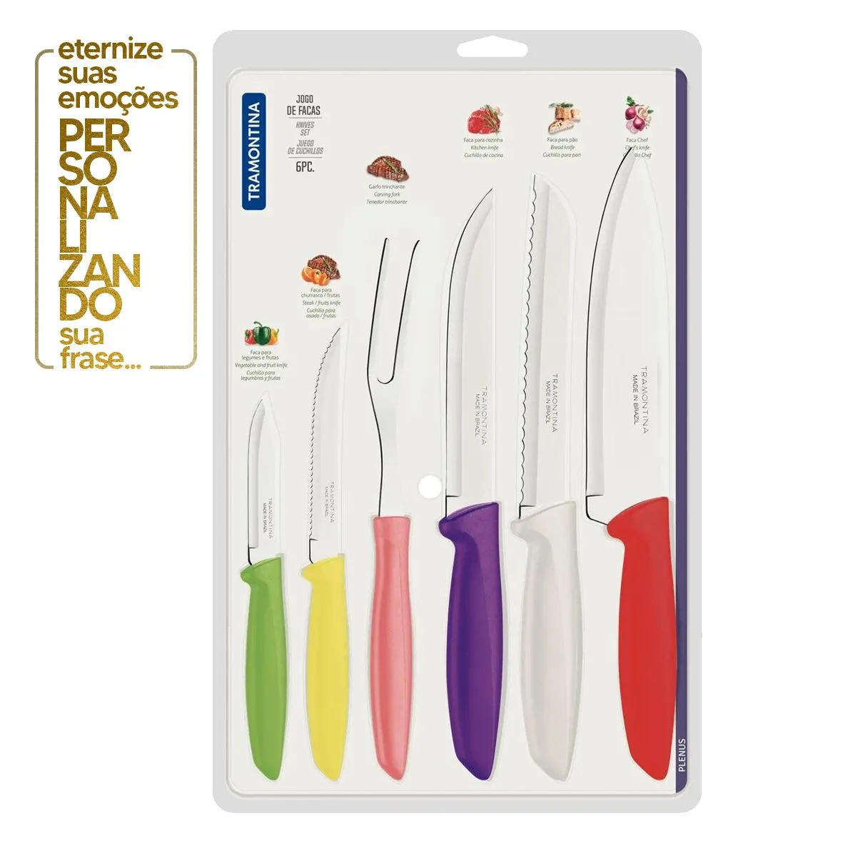 JOGO DE FACAS PLENUS 6 PEÇAS MISTO - SORTIDO COM LÂMINAS DE AÇO INOX E CABOS DE POLIPROPILENO