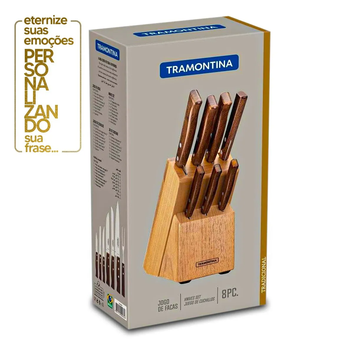 JOGO DE FACAS 8 PEÇAS TRADICIONAL - SORTIDO COM LÂMINAS DE AÇO INOX E CABO DE MADEIRA