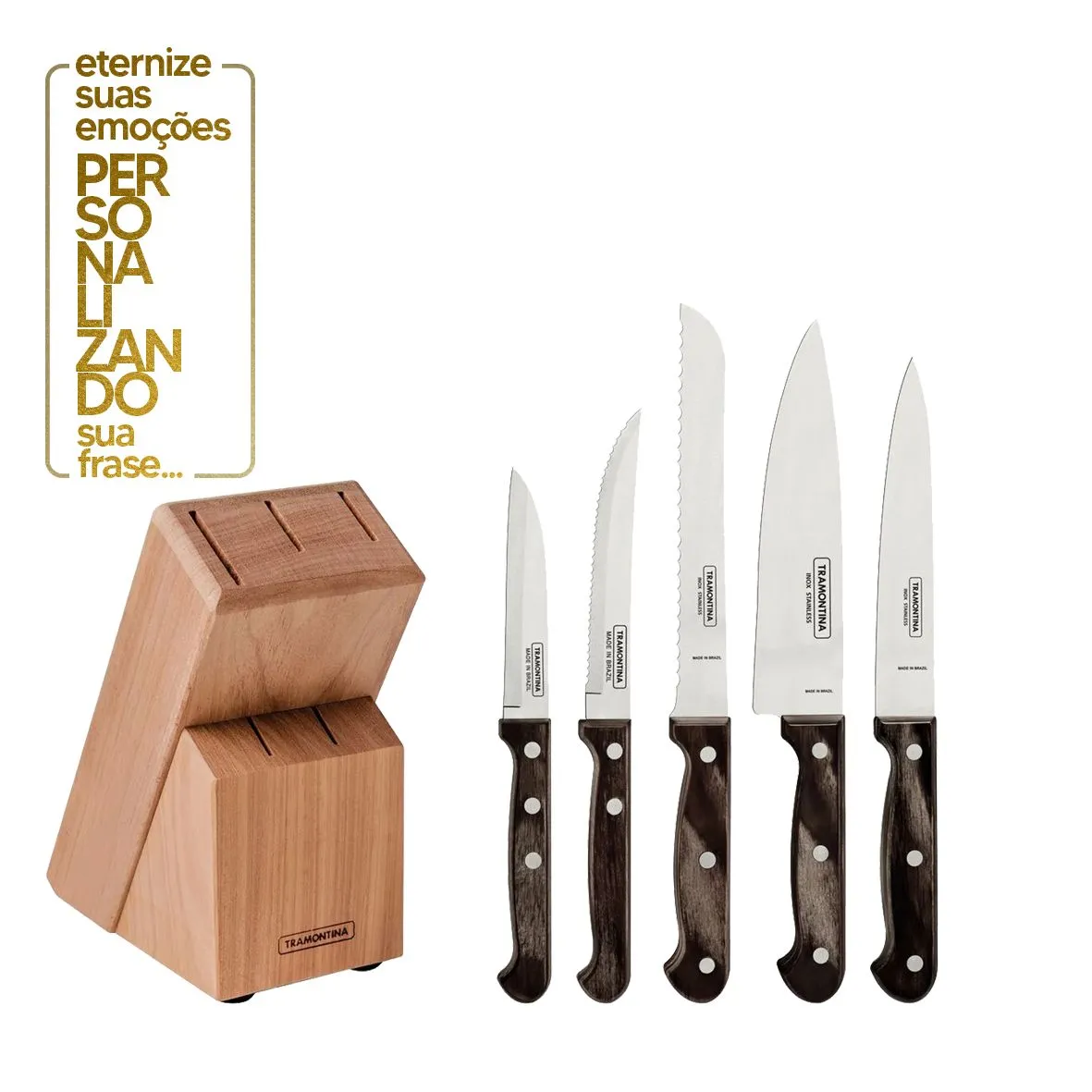 JOGO DE FACAS 6 PEÇAS POLYWOOD CASTANHO - SORTIDOS COM LÂMINAS DE AÇO INOX E CABOS DE MADEIRA