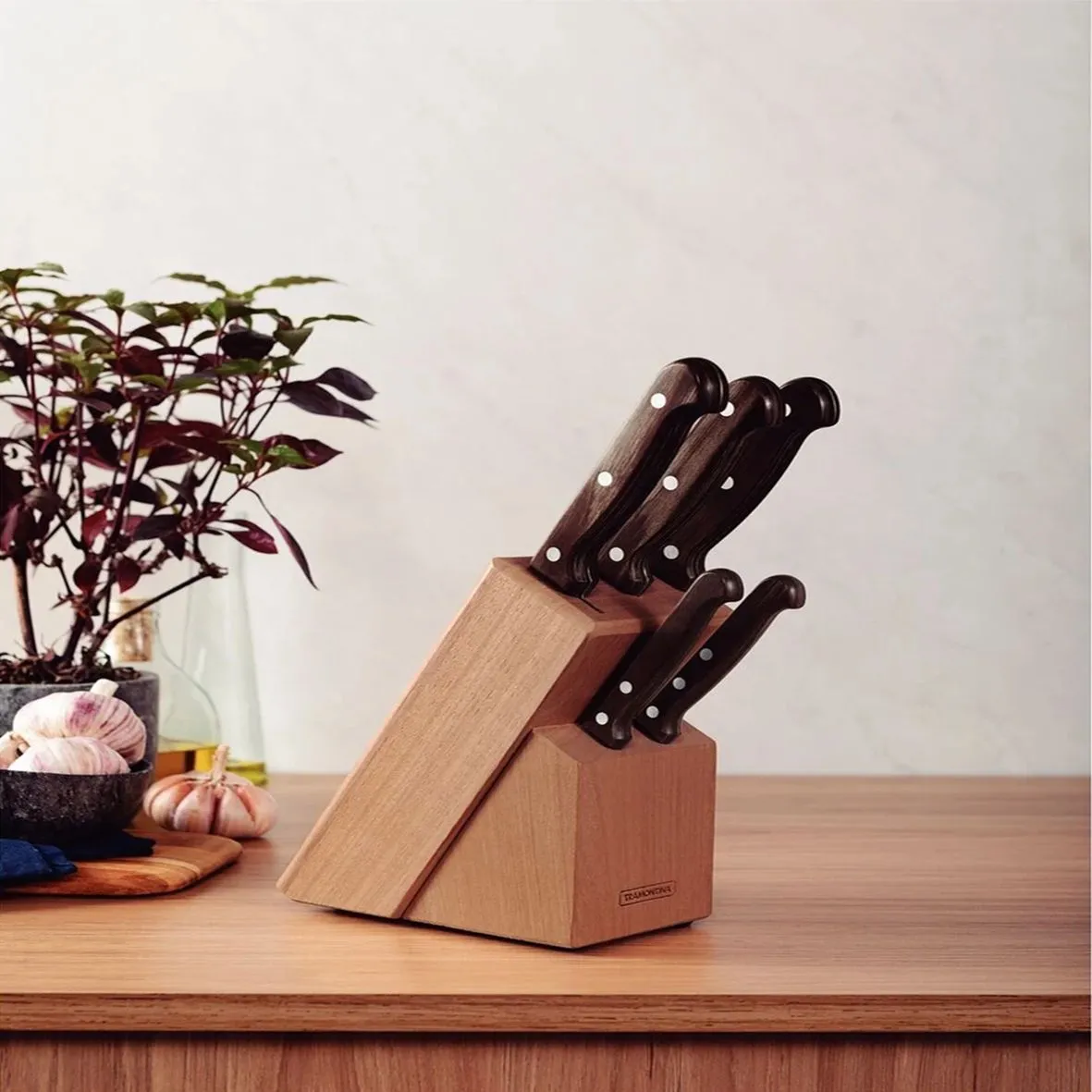 JOGO DE FACAS 6 PEÇAS POLYWOOD CASTANHO - SORTIDOS COM LÂMINAS DE AÇO INOX E CABOS DE MADEIRA