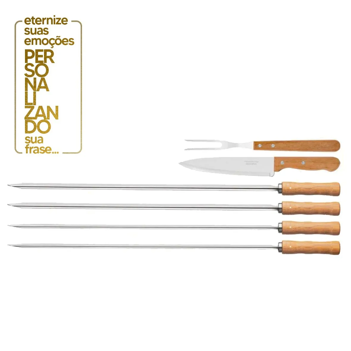 KIT PARA CHURRASCO 6 PEÇAS SORTIDOS COM LÂMINAS DE AÇO INOX E CABOS DE MADEIRA