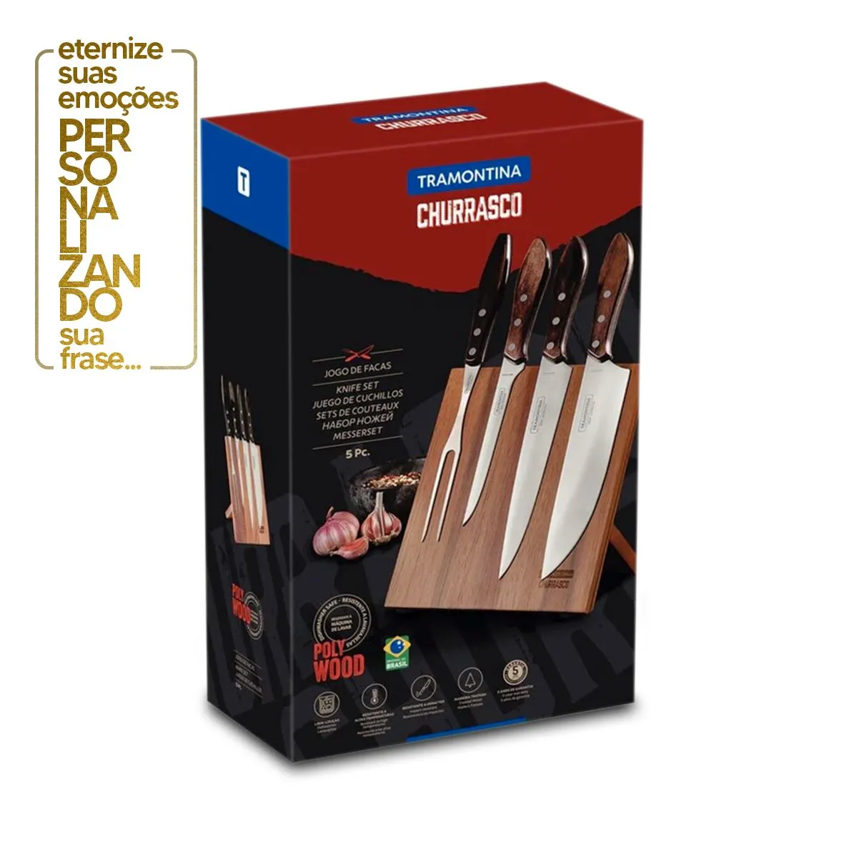 JOGO PARA CHURRASCO 5 PEÇAS POLYWOOD CASTANHO - SORTIDOS COM LÂMINAS AÇO
