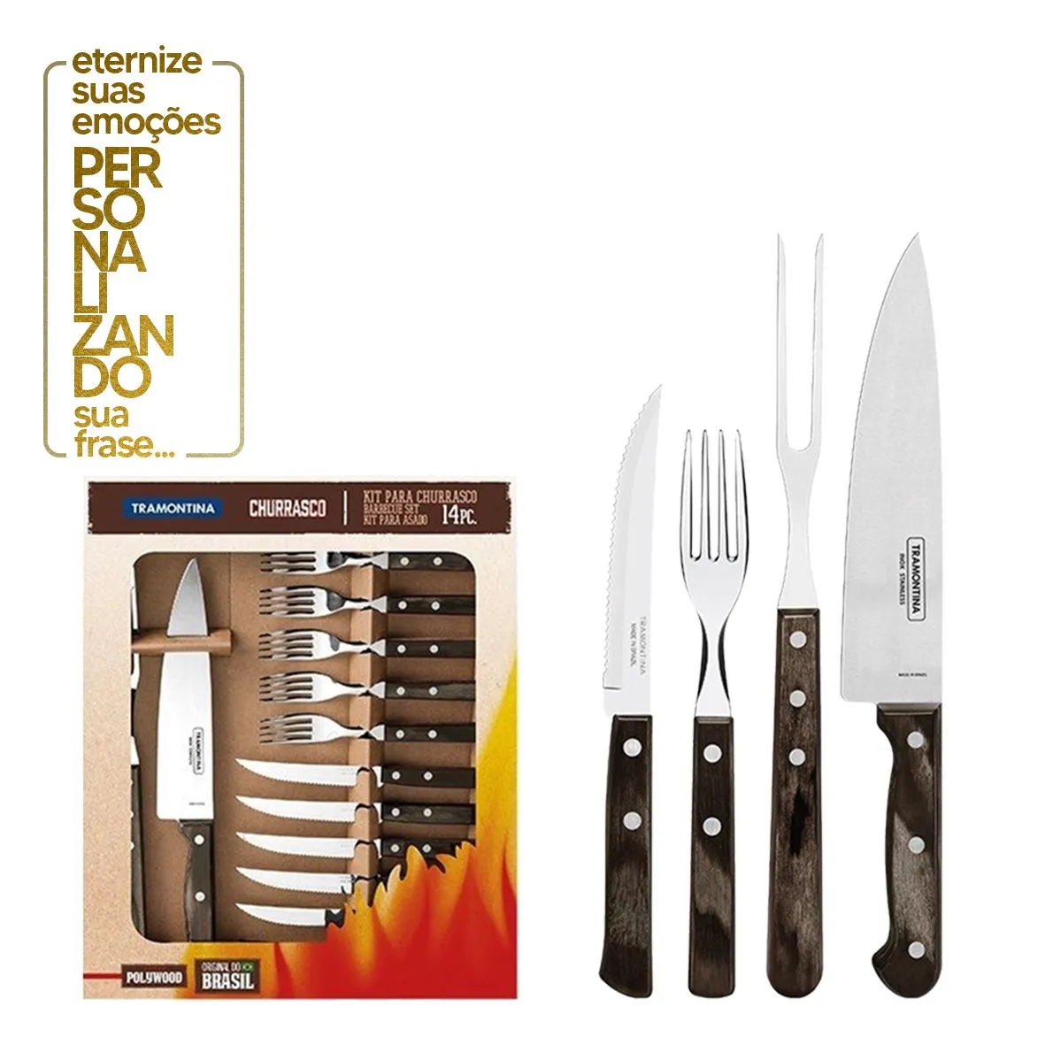 KIT CHURRASCO 14 PEÇAS POLYWOOD CASTANHO - SORTIDOS COM LÂMINA DE AÇO E CABO DE MADEIRA