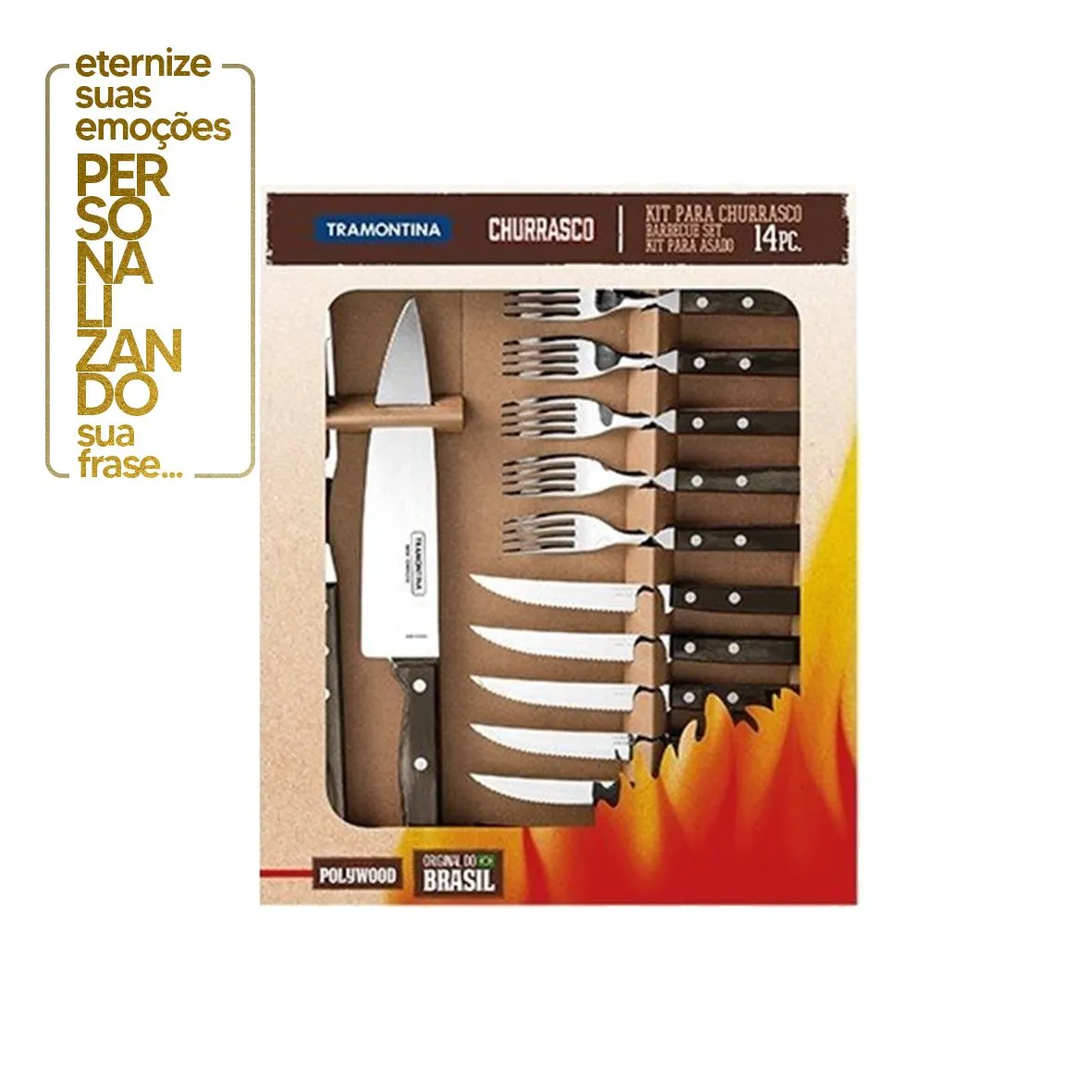 KIT CHURRASCO 14 PEÇAS POLYWOOD CASTANHO - SORTIDOS COM LÂMINA DE AÇO E CABO DE MADEIRA