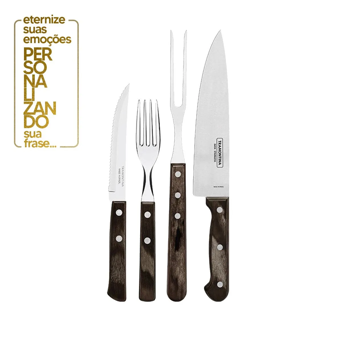 KIT CHURRASCO 14 PEÇAS POLYWOOD CASTANHO - SORTIDOS COM LÂMINA DE AÇO E CABO DE MADEIRA