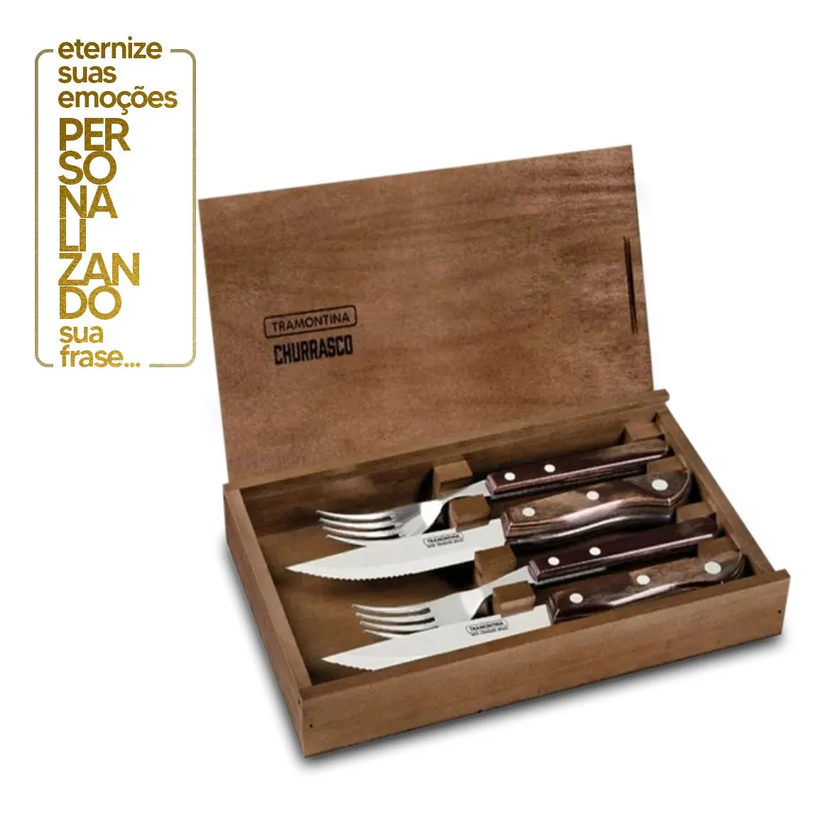 FSC CERTIFICADO JOGO TALHERES CHURRASCO 4 PEÇAS - SORTIDO COM LÂMINA DE AÇO E CABO DE MADEIRA