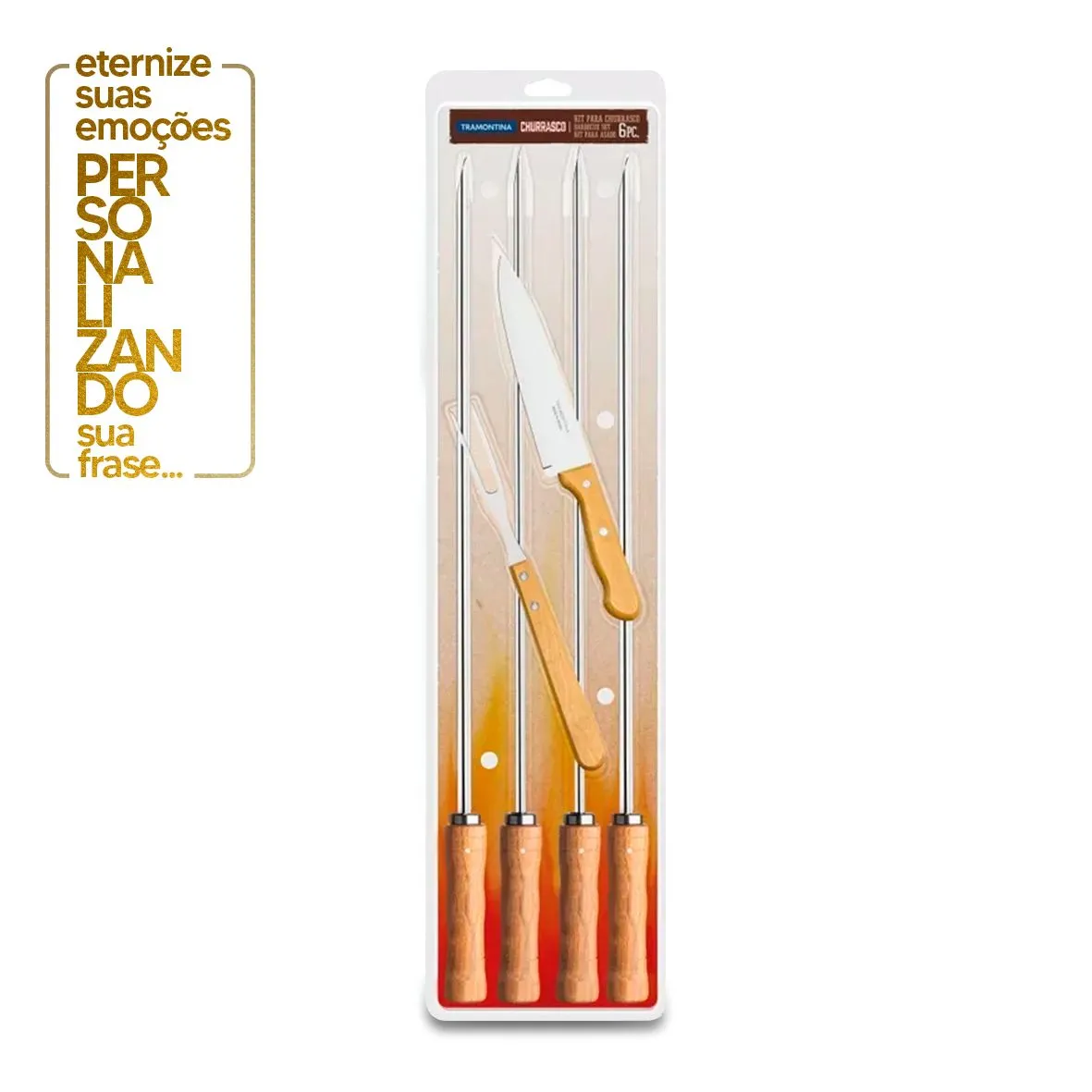 KIT PARA CHURRASCO 6 PEÇAS SORTIDOS COM LÂMINAS DE AÇO INOX E CABOS DE MADEIRA