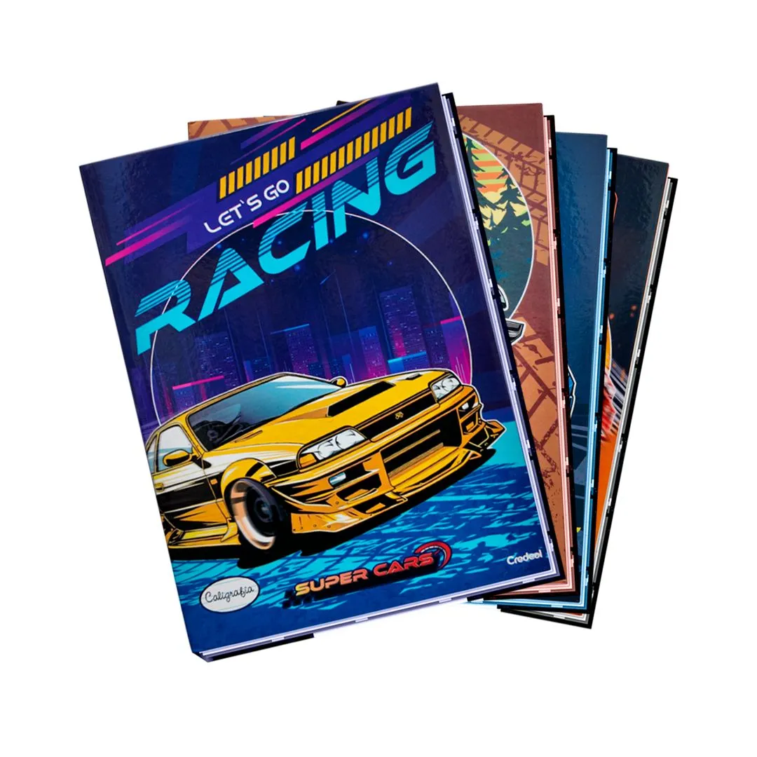 CADERNO BROCHURA 1/4 COSTURADO CAPA DURA 48 FOLHAS SUPER CARS